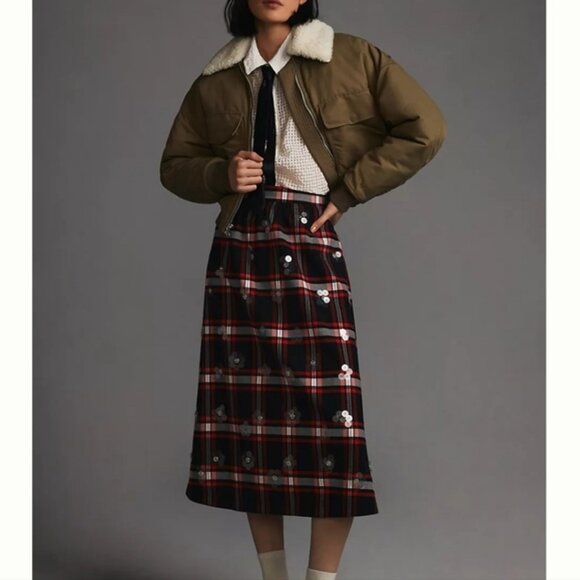 Anthropologie Maeve Embellished Plaid Skirt Black and Red Size 4 - Picture 1 of 10